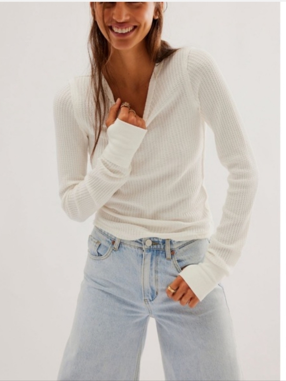 Free People We The Free Roll With It Waffle Knit Top White XS NWT
